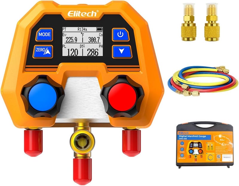 Elitech Digital Manifold Gauge Set for HVAC, Refrigeration & AC Systems, Supports R410A/R454B/R134 etc. Refrigerants, LCD Display, DMG-2SE with 3 Color Hoses & 2 R410A Adapters - Image 1